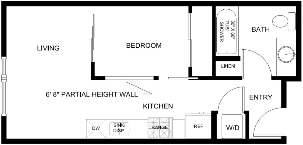 Floor plan for 1 bed, 1 bath, 417 sqft